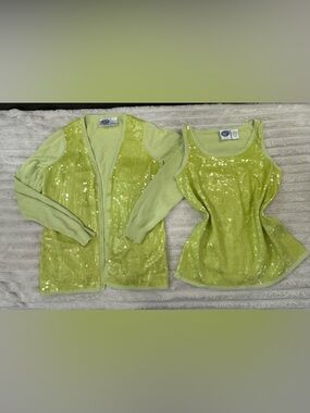 Diane Gilman Lime Green Sequin Cardigan and Tank Set